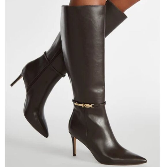 ShoeDazzle Adaline Coffee Brown Heeled Boots – Faux Leather, NWT Size 8, 3.25" - Picture 1 of 7